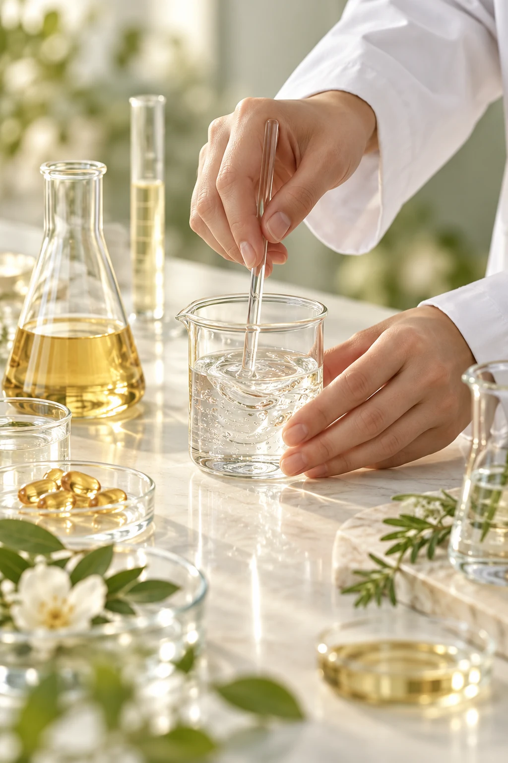 Conceptual close-up of hands mixing a cosmetic serum with laboratory glassware