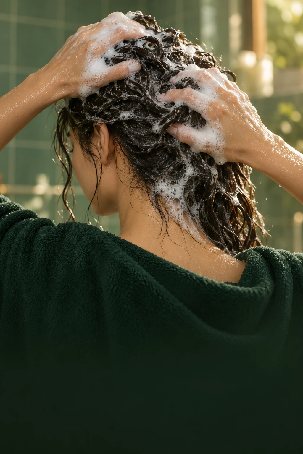 Self-washing hair with shampoo lather illustrating haircare